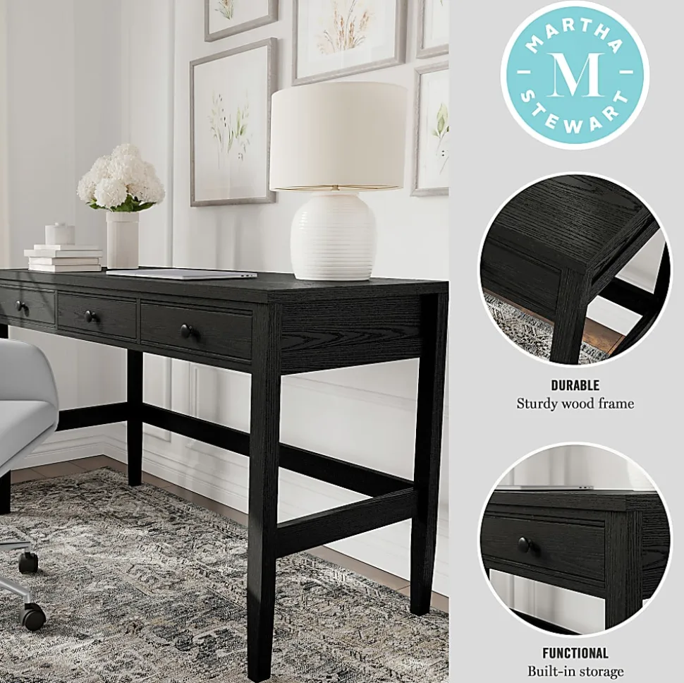 Martha Stewart Rhett Home Office 3 Drawer Desk with Tapered Legs, Black Frame/Oil Rubbed Bronzed Hardware