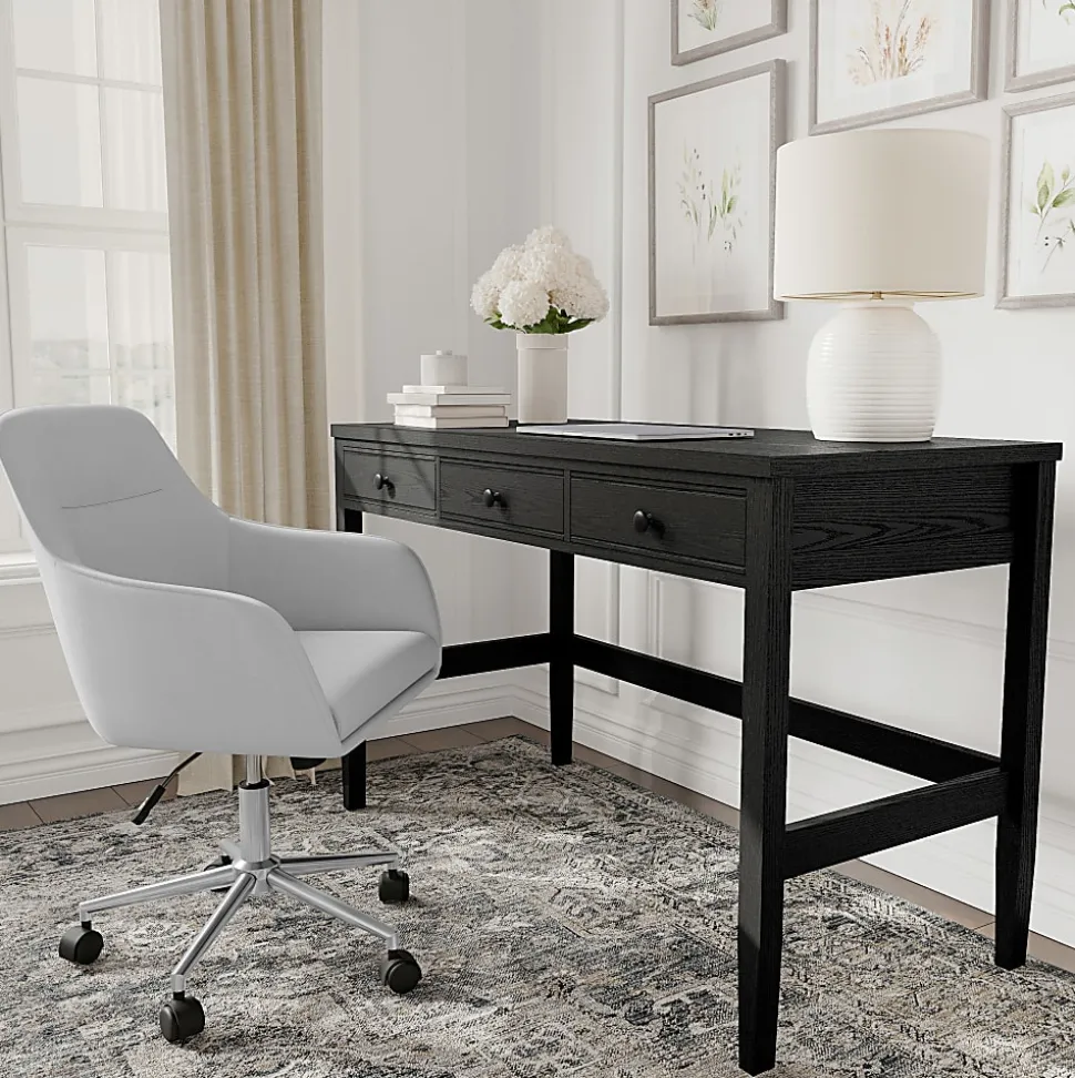 Martha Stewart Rhett Home Office 3 Drawer Desk with Tapered Legs, Black Frame/Oil Rubbed Bronzed Hardware