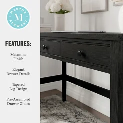 Martha Stewart Rhett Home Office 3 Drawer Desk with Tapered Legs, Black Frame/Oil Rubbed Bronzed Hardware