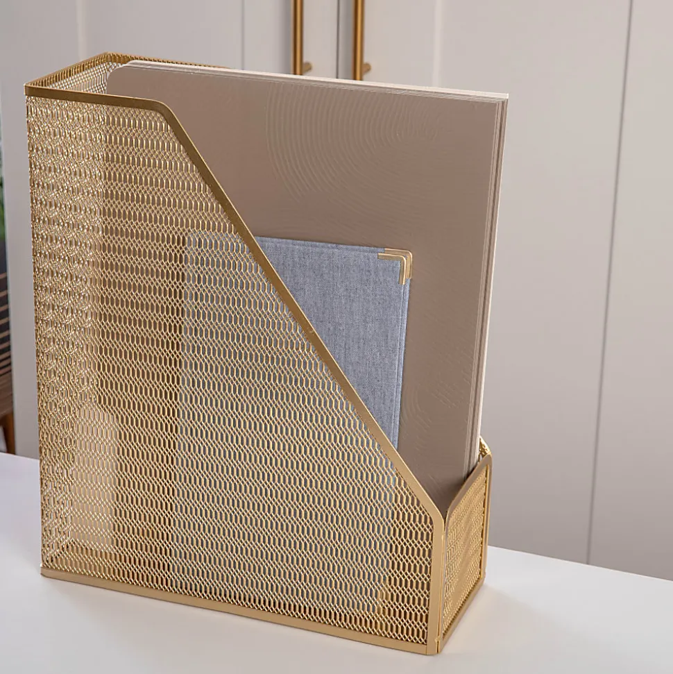 Martha Stewart Ryder Mesh Metal Single-Slot Magazine File Holder Desktop Organizer, 11-1/2"H x 3-3/4"W x 9-3/4"D, Gold