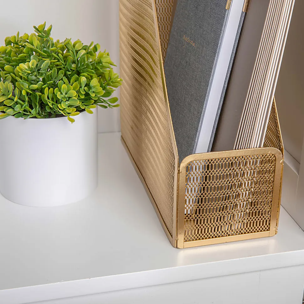 Martha Stewart Ryder Mesh Metal Single-Slot Magazine File Holder Desktop Organizer, 11-1/2"H x 3-3/4"W x 9-3/4"D, Gold