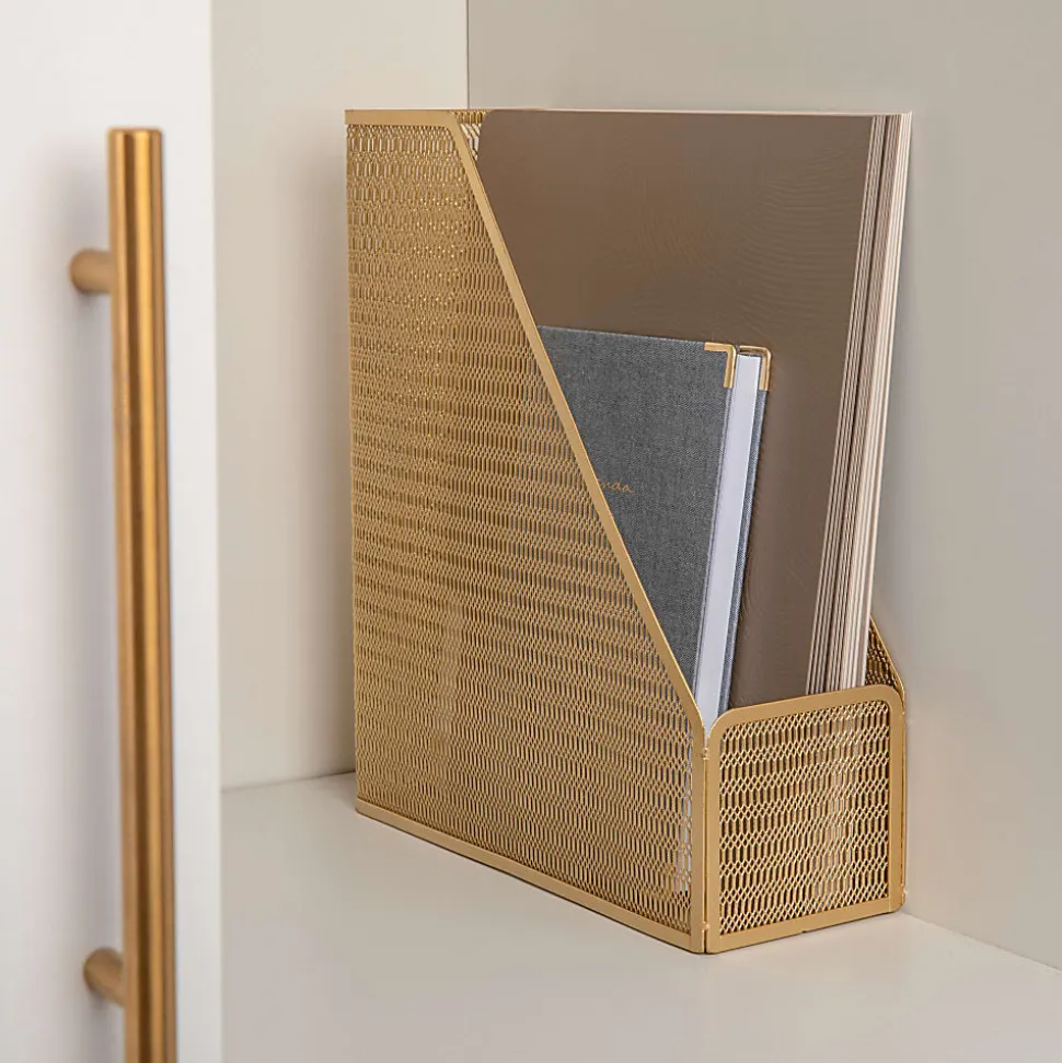 Martha Stewart Ryder Mesh Metal Single-Slot Magazine File Holder Desktop Organizer, 11-1/2"H x 3-3/4"W x 9-3/4"D, Gold