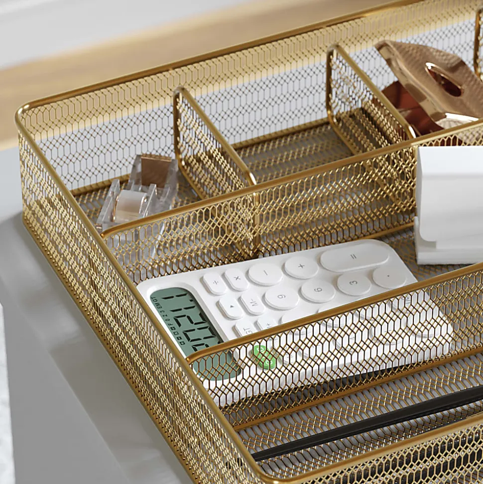 Martha Stewart Ryder Mesh Metal 6-Compartment Larger Desk Drawer Organizer, 2-1/4"H x 14-3/4"W x 12-1/4"D, Gold