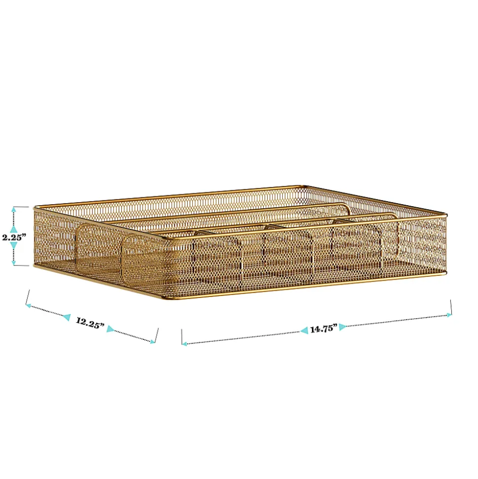 Martha Stewart Ryder Mesh Metal 6-Compartment Larger Desk Drawer Organizer, 2-1/4"H x 14-3/4"W x 12-1/4"D, Gold