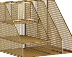 Martha Stewart Ryder Mesh Metal Large Desktop Organizer With Magazine File Holder, Pen Holder And Storage, 10"H x 12-1/2"W x 10"D, Gold