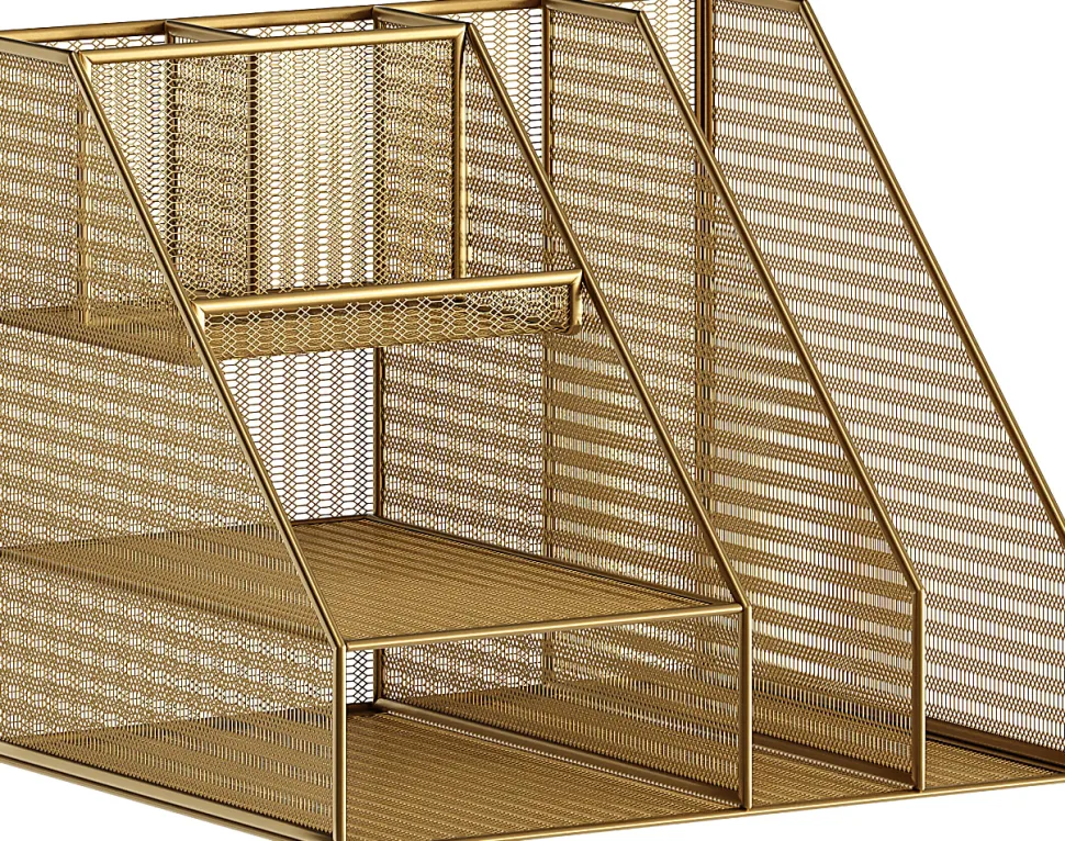 Martha Stewart Ryder Mesh Metal Large Desktop Organizer With Magazine File Holder, Pen Holder And Storage, 10"H x 12-1/2"W x 10"D, Gold
