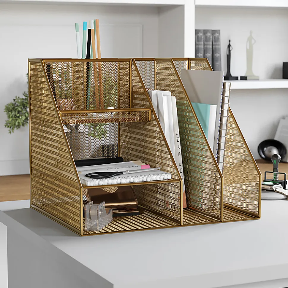 Martha Stewart Ryder Mesh Metal Large Desktop Organizer With Magazine File Holder, Pen Holder And Storage, 10"H x 12-1/2"W x 10"D, Gold