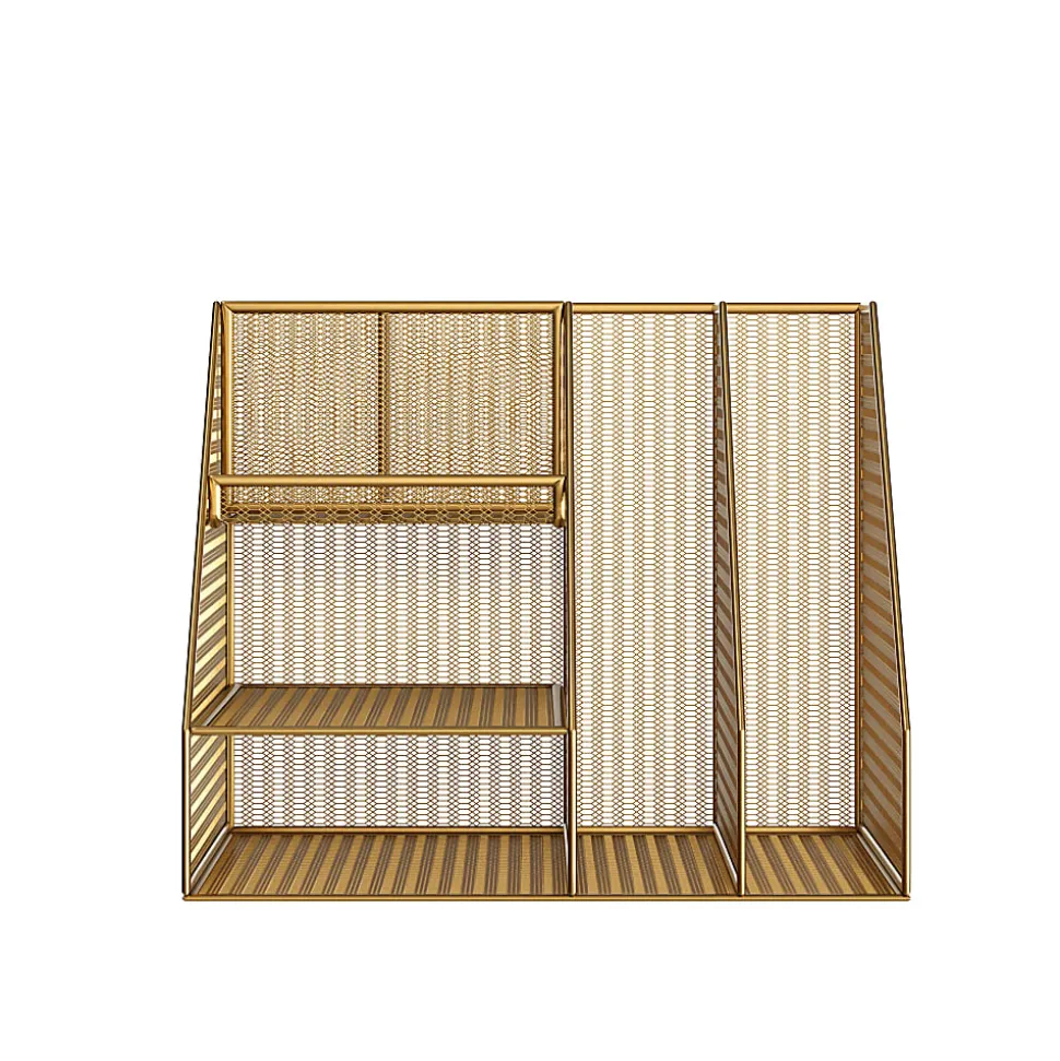 Martha Stewart Ryder Mesh Metal Large Desktop Organizer With Magazine File Holder, Pen Holder And Storage, 10"H x 12-1/2"W x 10"D, Gold