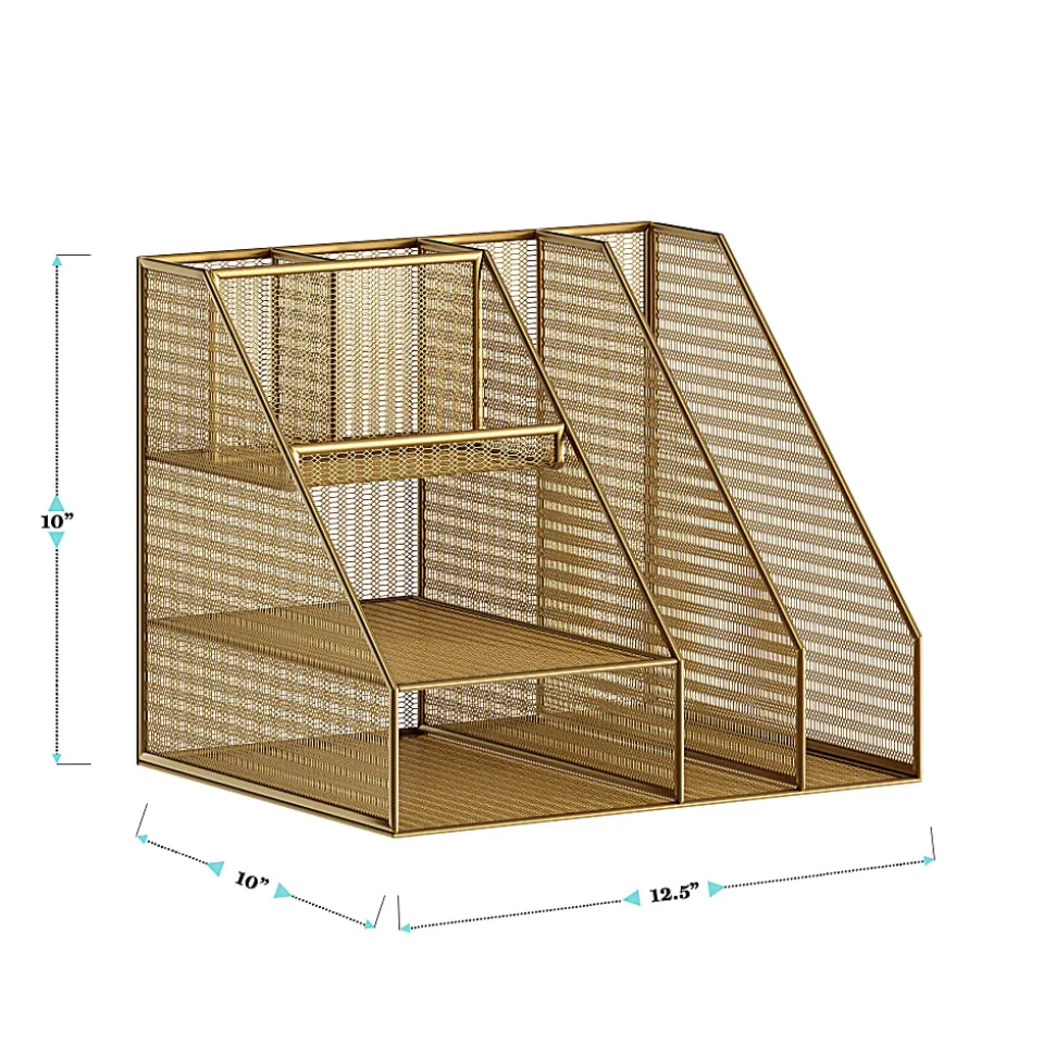 Martha Stewart Ryder Mesh Metal Large Desktop Organizer With Magazine File Holder, Pen Holder And Storage, 10"H x 12-1/2"W x 10"D, Gold