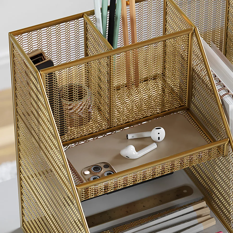 Martha Stewart Ryder Mesh Metal Large Desktop Organizer With Magazine File Holder, Pen Holder And Storage, 10"H x 12-1/2"W x 10"D, Gold