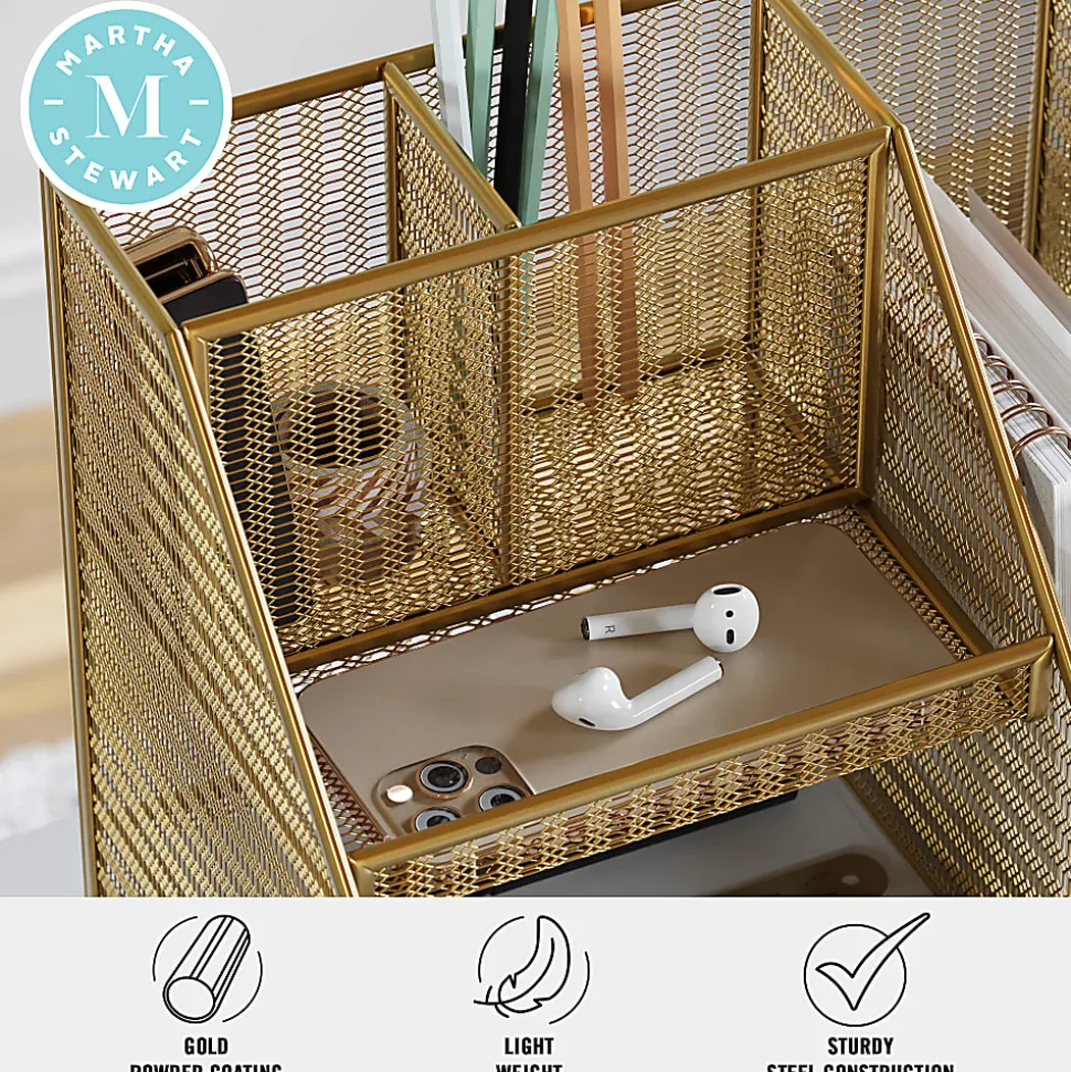 Martha Stewart Ryder Mesh Metal Large Desktop Organizer With Magazine File Holder, Pen Holder And Storage, 10"H x 12-1/2"W x 10"D, Gold