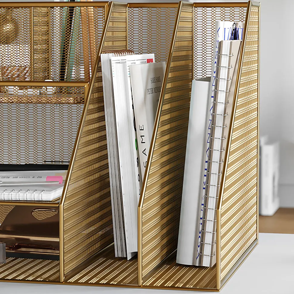 Martha Stewart Ryder Mesh Metal Large Desktop Organizer With Magazine File Holder, Pen Holder And Storage, 10"H x 12-1/2"W x 10"D, Gold