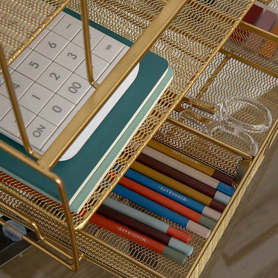 Martha Stewart Ryder Mesh Metal Large Desktop Organizer With Paper File Letter Holder And Drawer, 7"H x 14-3/4"W x 11-1/2"D, Gold