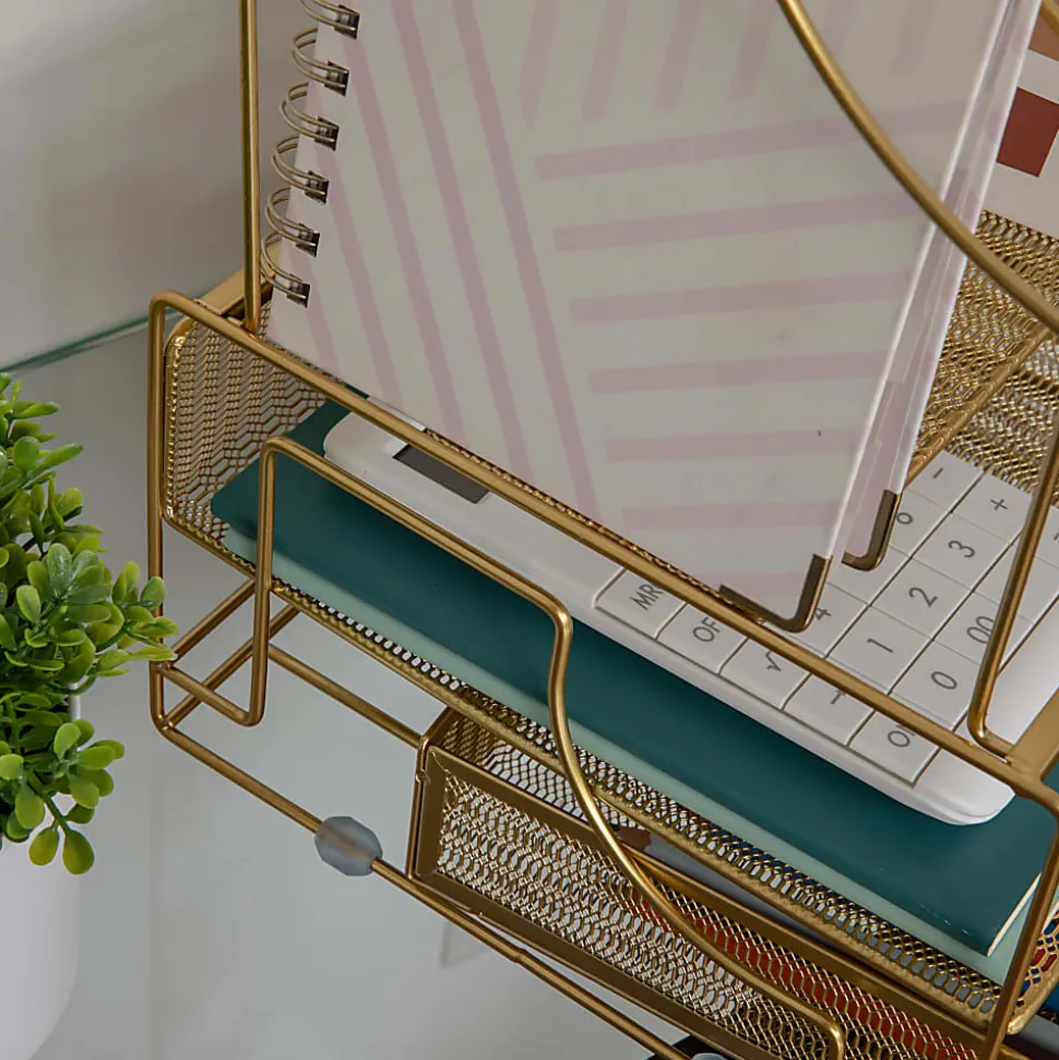 Martha Stewart Ryder Mesh Metal Large Desktop Organizer With Paper File Letter Holder And Drawer, 7"H x 14-3/4"W x 11-1/2"D, Gold
