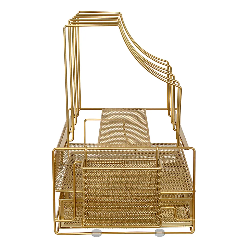 Martha Stewart Ryder Mesh Metal Large Desktop Organizer With Paper File Letter Holder And Drawer, 7"H x 14-3/4"W x 11-1/2"D, Gold