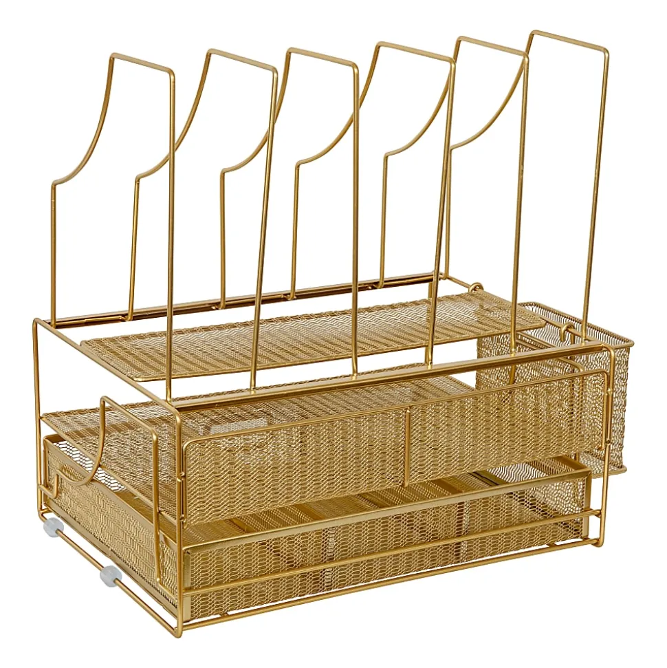 Martha Stewart Ryder Mesh Metal Large Desktop Organizer With Paper File Letter Holder And Drawer, 7"H x 14-3/4"W x 11-1/2"D, Gold