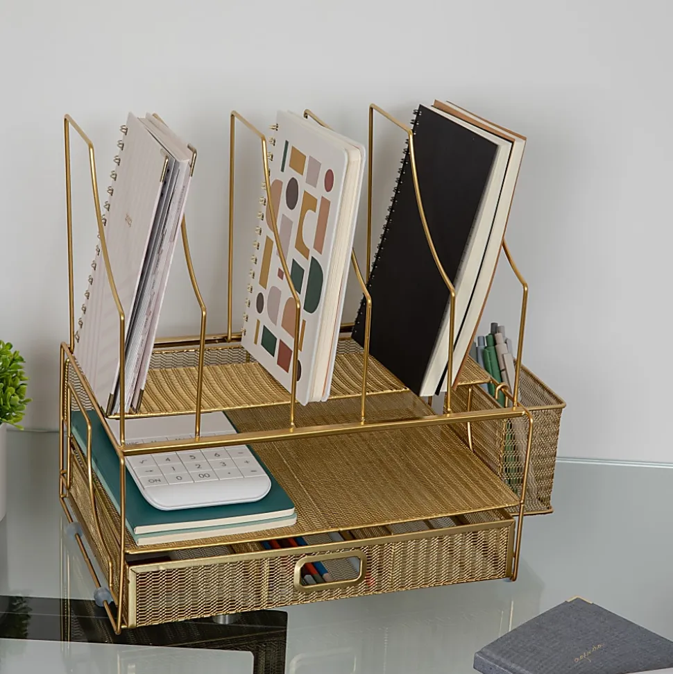 Martha Stewart Ryder Mesh Metal Large Desktop Organizer With Paper File Letter Holder And Drawer, 7"H x 14-3/4"W x 11-1/2"D, Gold