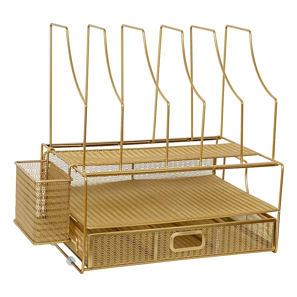 Martha Stewart Ryder Mesh Metal Large Desktop Organizer With Paper File Letter Holder And Drawer, 7"H x 14-3/4"W x 11-1/2"D, Gold