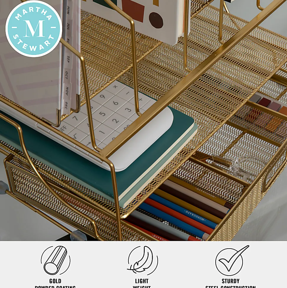 Martha Stewart Ryder Mesh Metal Large Desktop Organizer With Paper File Letter Holder And Drawer, 7"H x 14-3/4"W x 11-1/2"D, Gold