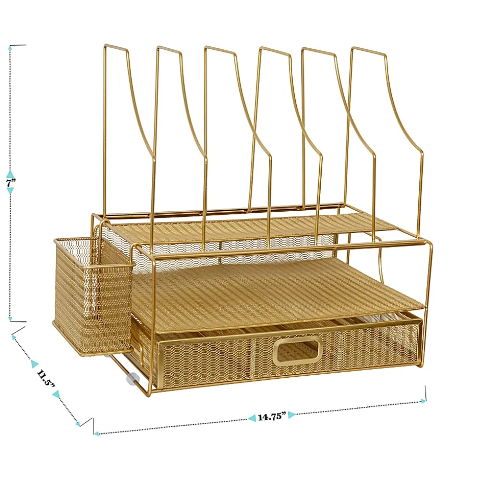 Martha Stewart Ryder Mesh Metal Large Desktop Organizer With Paper File Letter Holder And Drawer, 7"H x 14-3/4"W x 11-1/2"D, Gold