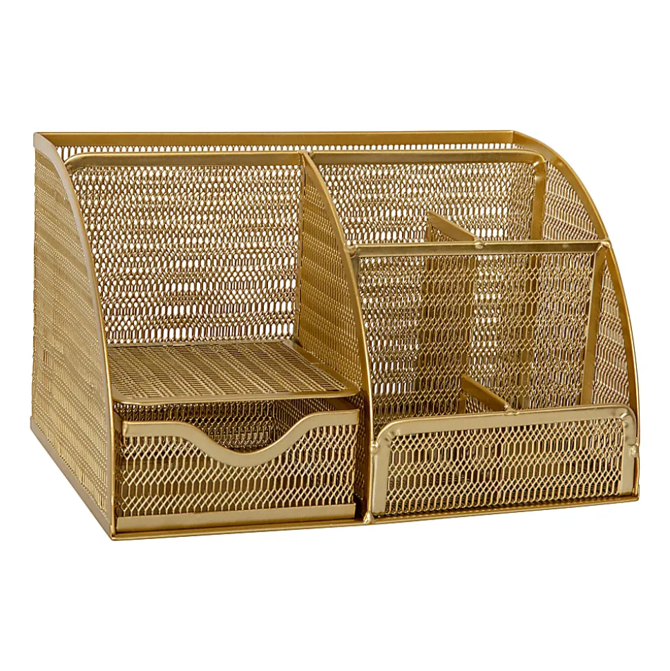 Martha Stewart Ryder Mesh Metal Small Desktop Organizer With Pen Holder And Drawer, 5"H x 8-3/4"W x 5-1/2"D, Gold