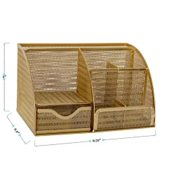 Martha Stewart Ryder Mesh Metal Small Desktop Organizer With Pen Holder And Drawer, 5"H x 8-3/4"W x 5-1/2"D, Gold