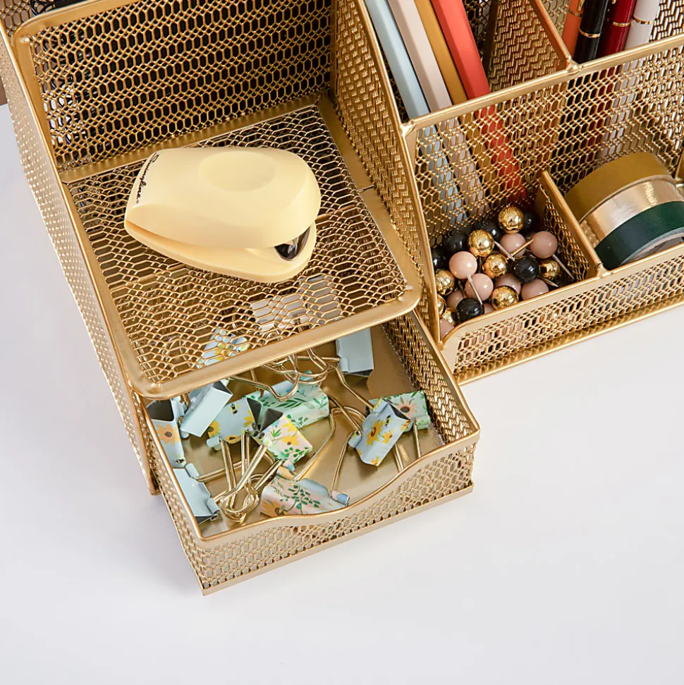 Martha Stewart Ryder Mesh Metal Small Desktop Organizer With Pen Holder And Drawer, 5"H x 8-3/4"W x 5-1/2"D, Gold