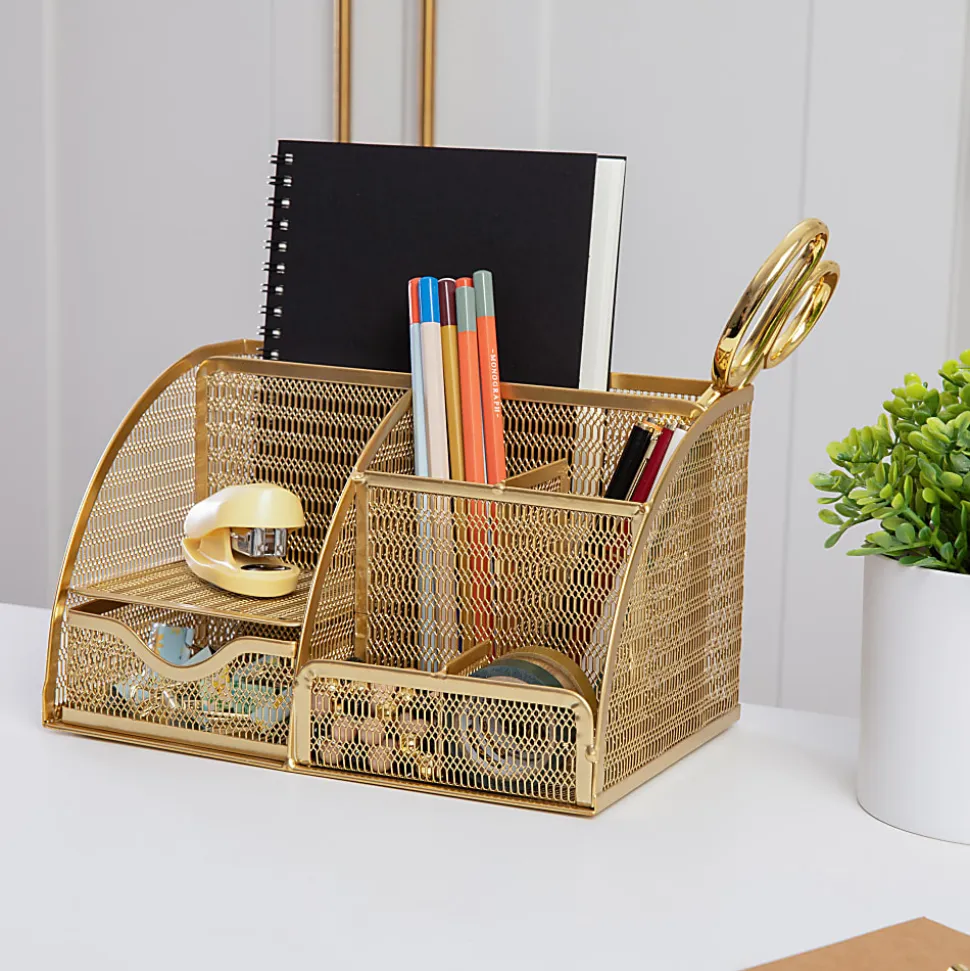 Martha Stewart Ryder Mesh Metal Small Desktop Organizer With Pen Holder And Drawer, 5"H x 8-3/4"W x 5-1/2"D, Gold