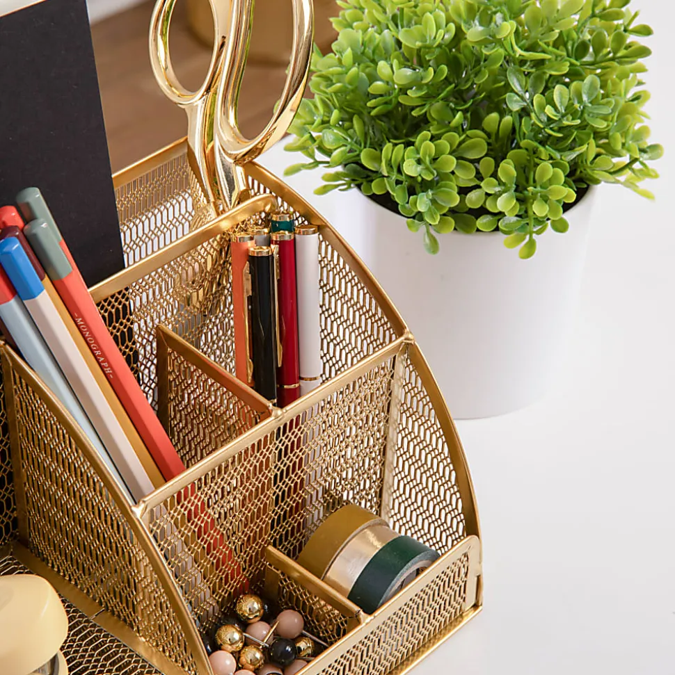 Martha Stewart Ryder Mesh Metal Small Desktop Organizer With Pen Holder And Drawer, 5"H x 8-3/4"W x 5-1/2"D, Gold