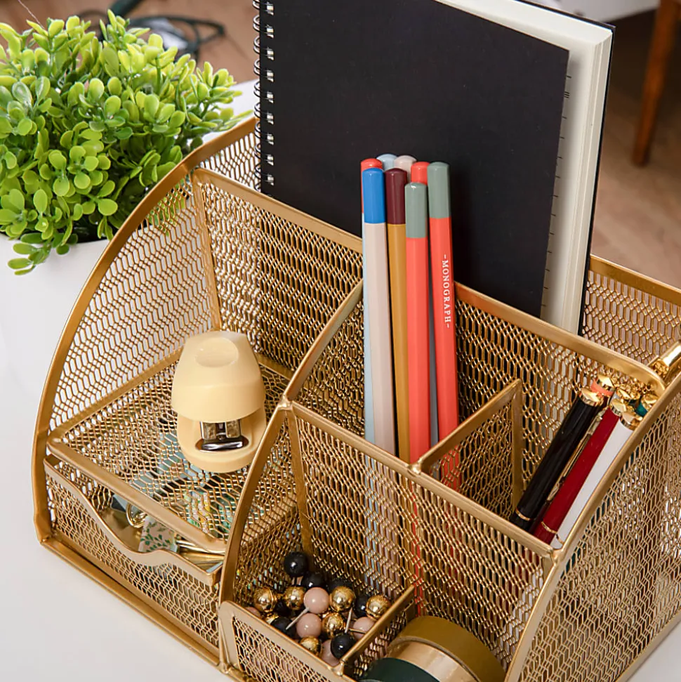 Martha Stewart Ryder Mesh Metal Small Desktop Organizer With Pen Holder And Drawer, 5"H x 8-3/4"W x 5-1/2"D, Gold