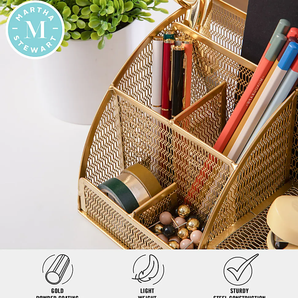 Martha Stewart Ryder Mesh Metal Small Desktop Organizer With Pen Holder And Drawer, 5"H x 8-3/4"W x 5-1/2"D, Gold