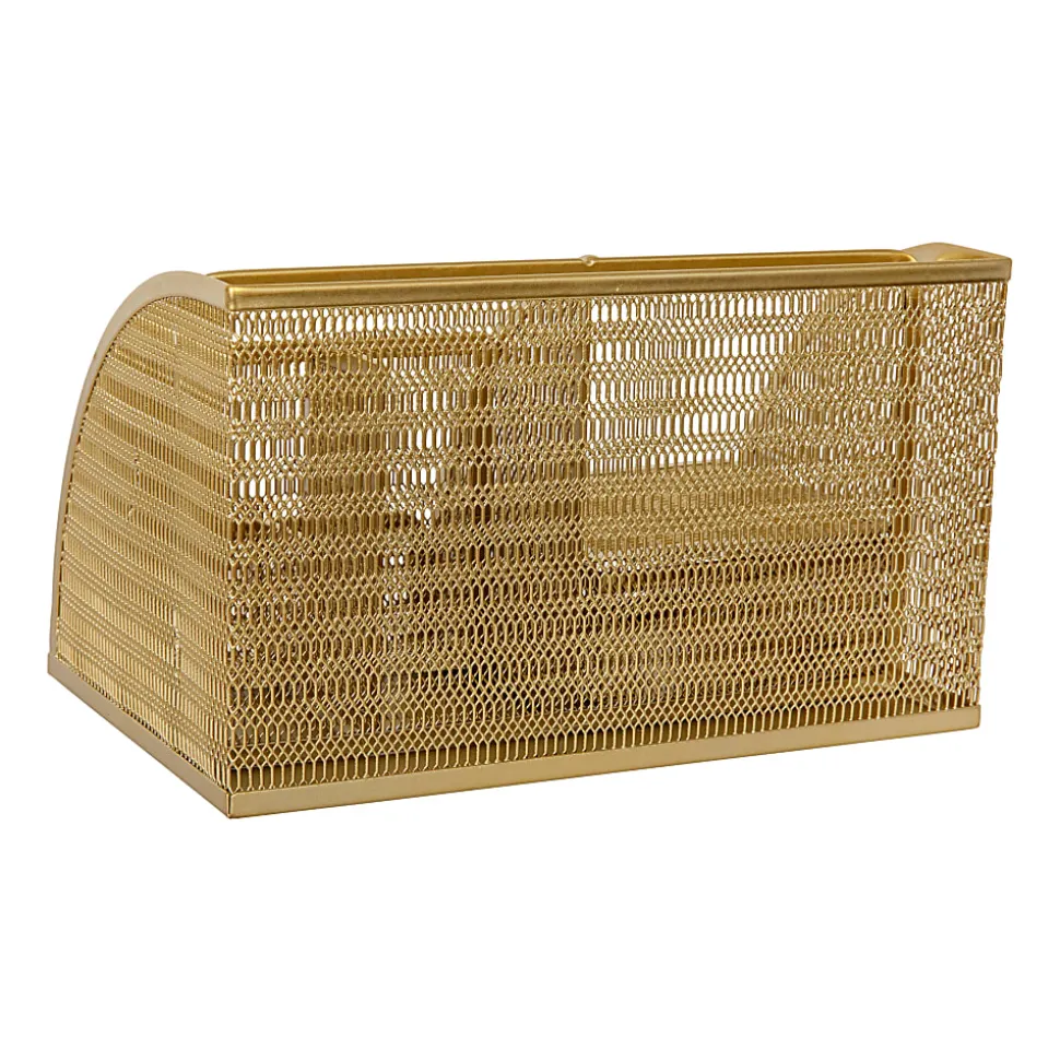 Martha Stewart Ryder Mesh Metal Small Desktop Organizer With Pen Holder And Drawer, 5"H x 8-3/4"W x 5-1/2"D, Gold