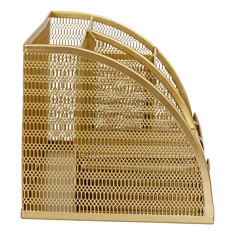 Martha Stewart Ryder Mesh Metal Small Desktop Organizer With Pen Holder And Drawer, 5"H x 8-3/4"W x 5-1/2"D, Gold