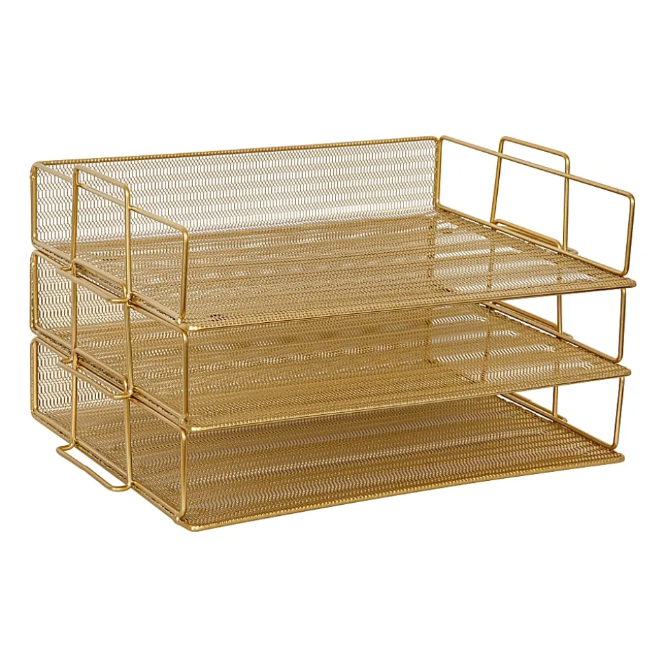 Martha Stewart Ryder 3-Tier Stackable Steel Mesh Desk Letter Tray Organizer, 7-3/4"H x 14-1/2"W x 10-1/2"D, Gold