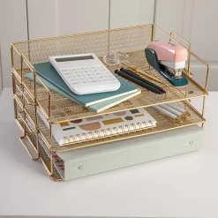 Martha Stewart Ryder 3-Tier Stackable Steel Mesh Desk Letter Tray Organizer, 7-3/4"H x 14-1/2"W x 10-1/2"D, Gold