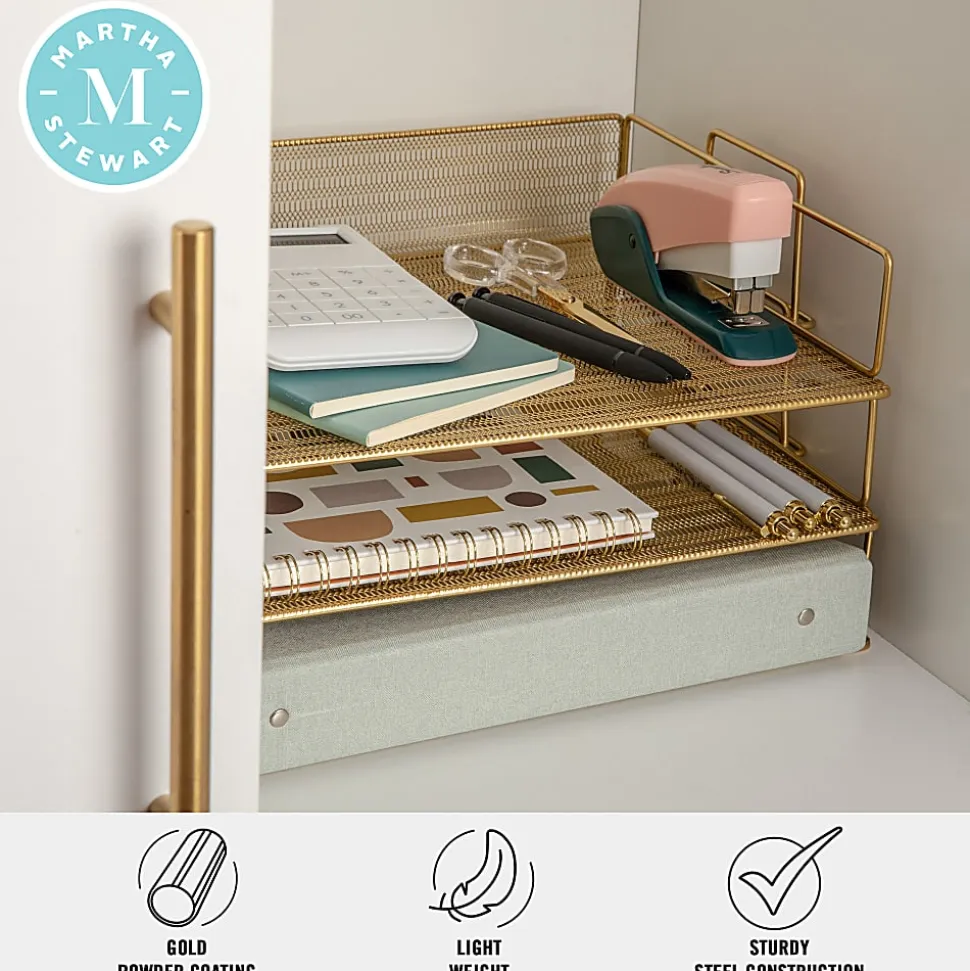 Martha Stewart Ryder 3-Tier Stackable Steel Mesh Desk Letter Tray Organizer, 7-3/4"H x 14-1/2"W x 10-1/2"D, Gold
