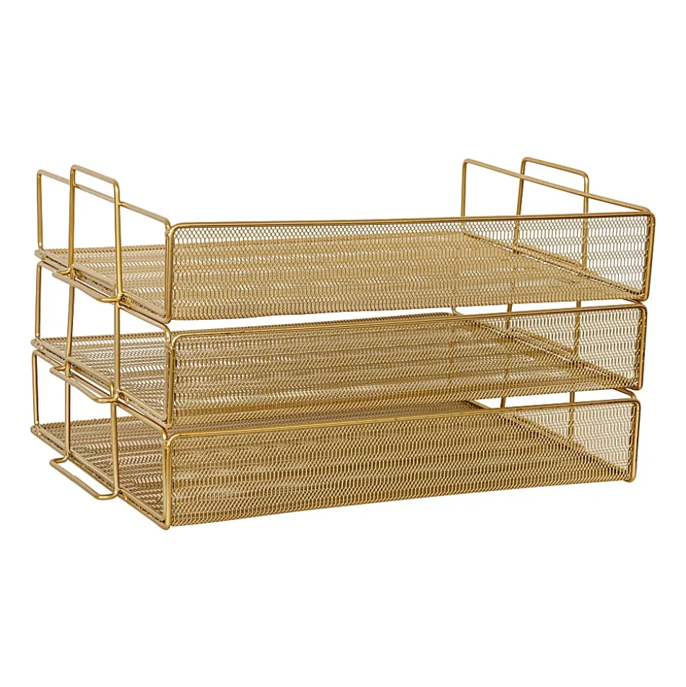 Martha Stewart Ryder 3-Tier Stackable Steel Mesh Desk Letter Tray Organizer, 7-3/4"H x 14-1/2"W x 10-1/2"D, Gold