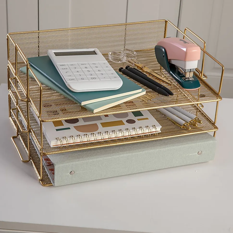 Martha Stewart Ryder 3-Tier Stackable Steel Mesh Desk Letter Tray Organizer, 7-3/4"H x 14-1/2"W x 10-1/2"D, Gold