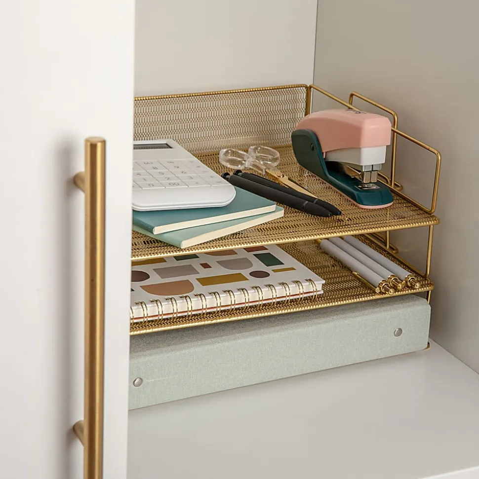 Martha Stewart Ryder 3-Tier Stackable Steel Mesh Desk Letter Tray Organizer, 7-3/4"H x 14-1/2"W x 10-1/2"D, Gold