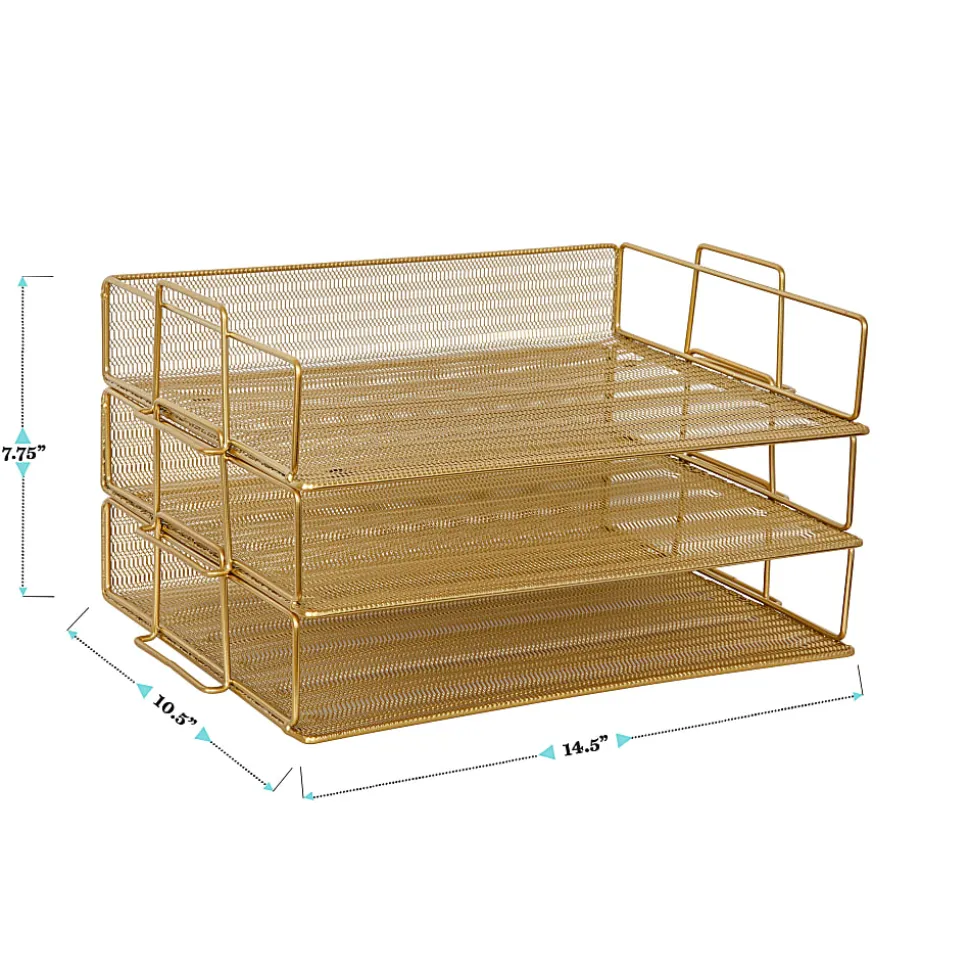 Martha Stewart Ryder 3-Tier Stackable Steel Mesh Desk Letter Tray Organizer, 7-3/4"H x 14-1/2"W x 10-1/2"D, Gold