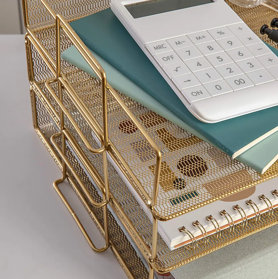 Martha Stewart Ryder 3-Tier Stackable Steel Mesh Desk Letter Tray Organizer, 7-3/4"H x 14-1/2"W x 10-1/2"D, Gold