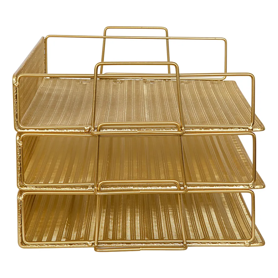 Martha Stewart Ryder 3-Tier Stackable Steel Mesh Desk Letter Tray Organizer, 7-3/4"H x 14-1/2"W x 10-1/2"D, Gold