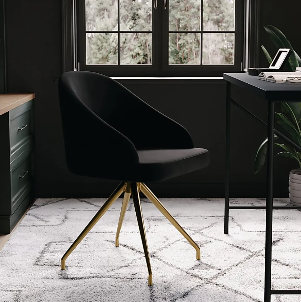 Martha Stewart Sora Upholstered Mid-Back Stationary Office Task Chair, Velvet, Black/Polished Nickel