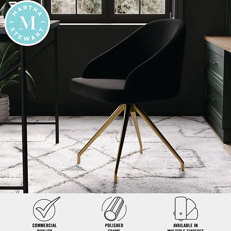 Martha Stewart Sora Upholstered Mid-Back Stationary Office Task Chair, Velvet, Black/Polished Nickel