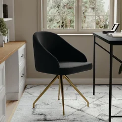 Martha Stewart Sora Upholstered Mid-Back Stationary Office Task Chair, Velvet, Black/Polished Nickel