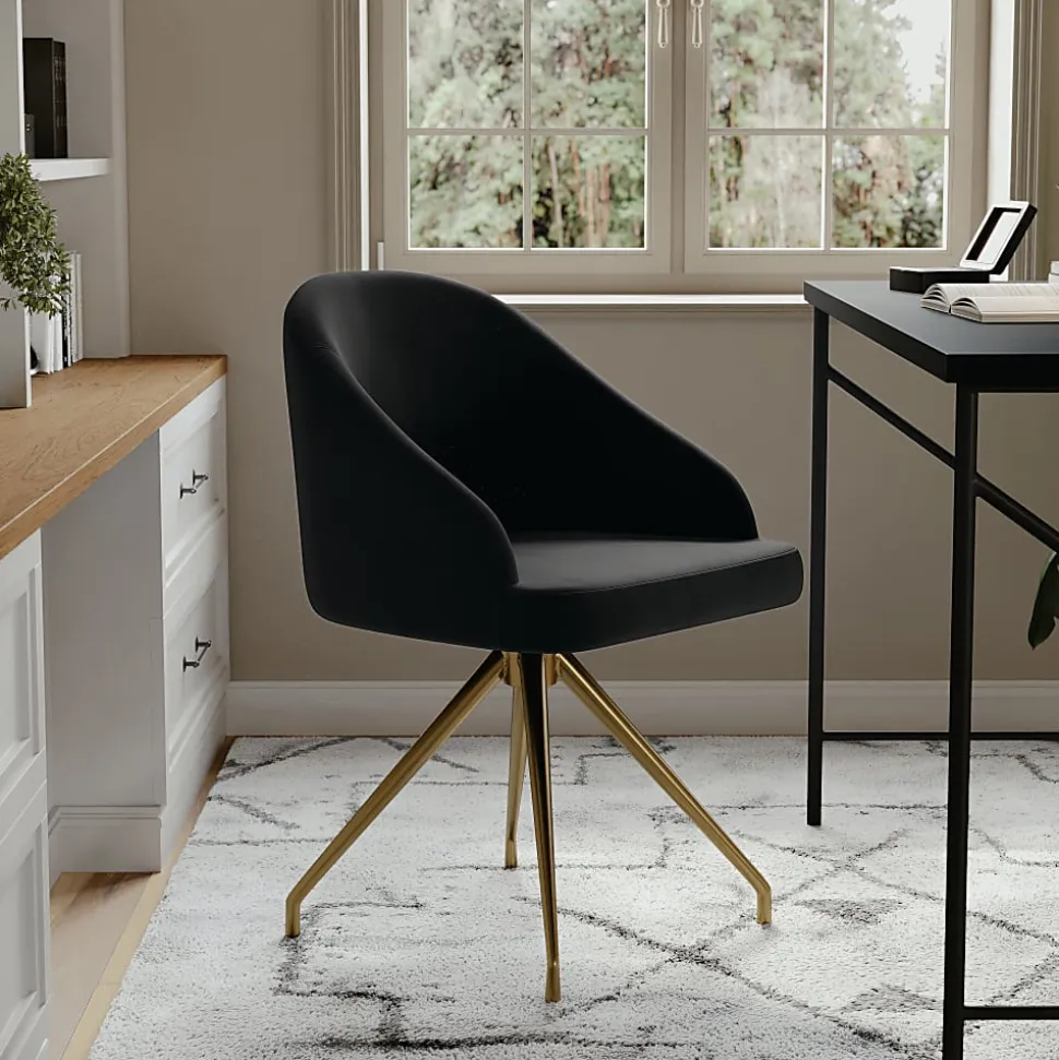 Martha Stewart Sora Upholstered Mid-Back Stationary Office Task Chair, Velvet, Black/Polished Nickel