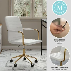 Martha Stewart Taytum Faux Leather Upholstered Mid-Back Executive Office Chair, White/Polished Brass