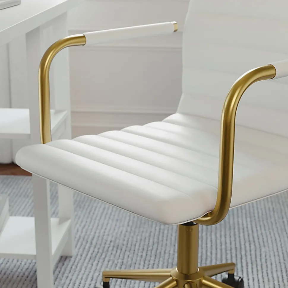 Martha Stewart Taytum Faux Leather Upholstered Mid-Back Executive Office Chair, White/Polished Brass