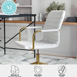 Martha Stewart Taytum Faux Leather Upholstered Mid-Back Executive Office Chair, White/Polished Brass