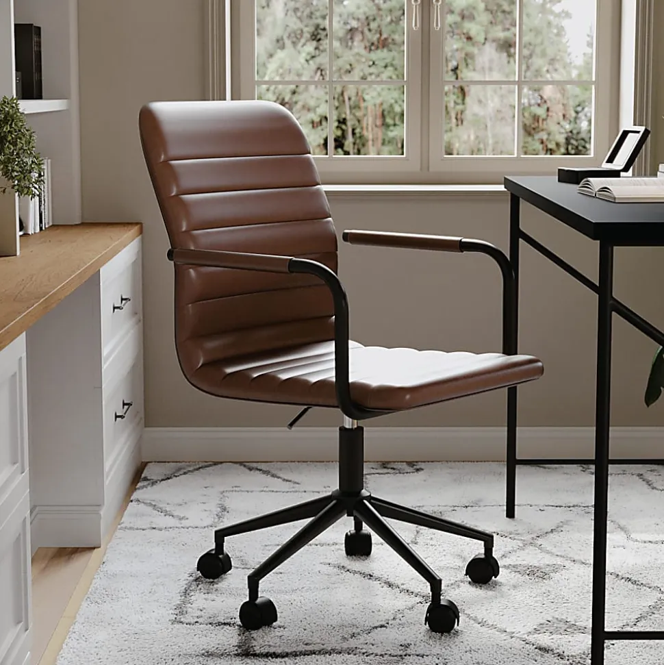 Martha Stewart Taytum Faux Leather Upholstered Mid-Back Executive Office Chair, Saddle Brown/Oil-Rubbed Bronze